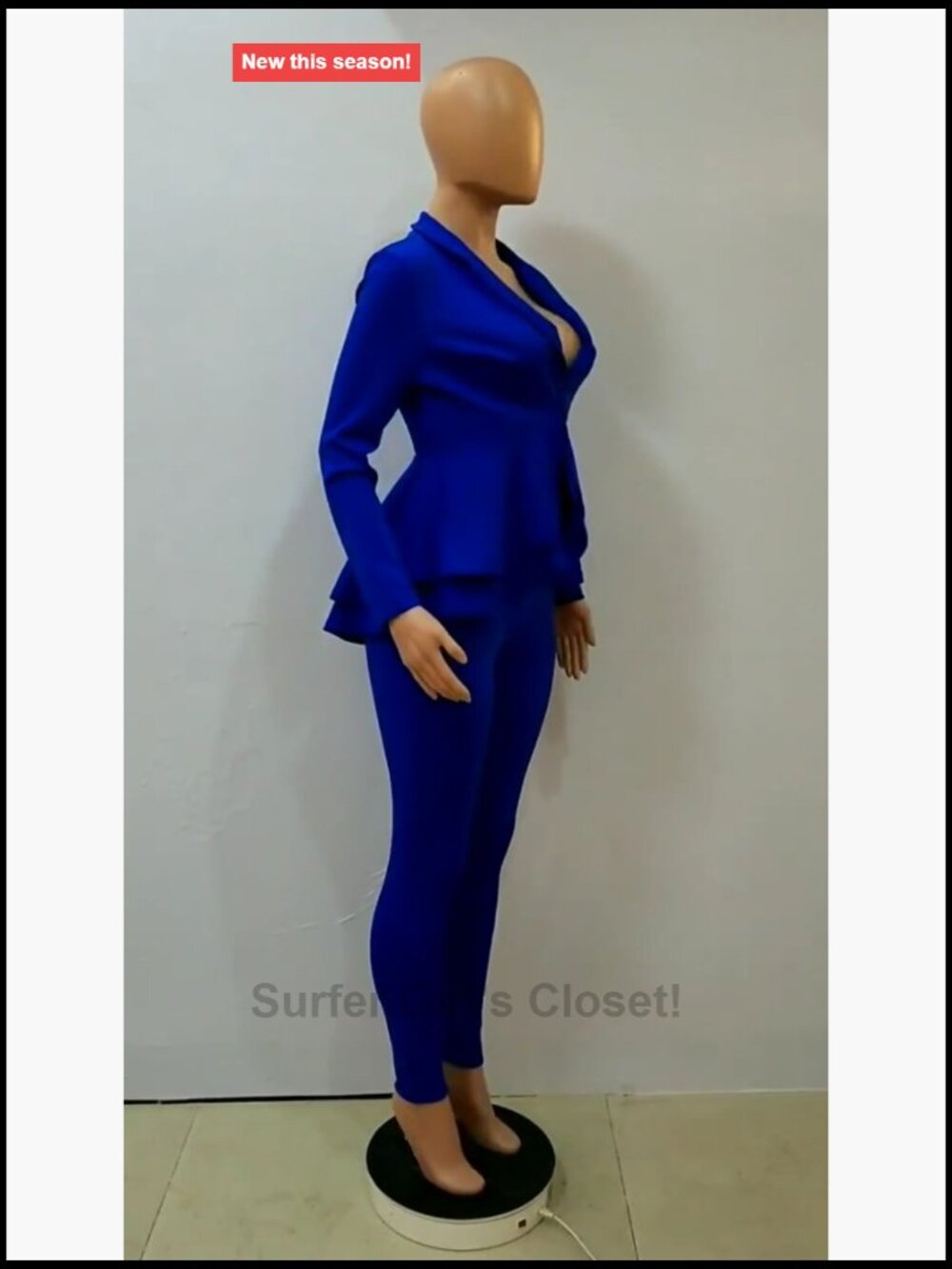Deep V Neck Ruffle Blazer Two Piece Outfits Long Sleeve Pants Business Suit Set - Picture 5 of 6